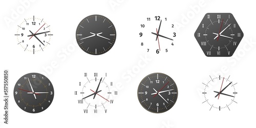 Clock faces. Realistic black or white watch dials with arrows and numbers. Time measurement. Mechanical timepiece shapes. Round accurate chronographs. Vector isolated wall chronometers set