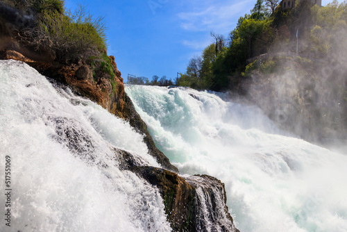 View of Rhine Falls in Schaffhausen canton  Switzerland. Most powerful waterfall in Europe