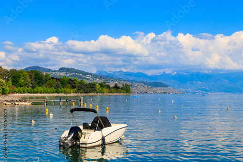 View of Lake Geneva with boats in Lausanne, Switzerland
