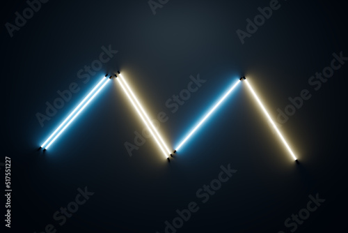 Creative background with neon lights M letter on dark hexagonal tile background. Design and light concept. 3D Rendering.