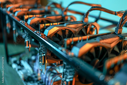 Close up view of computer graphics in cryptocurrency mining rig