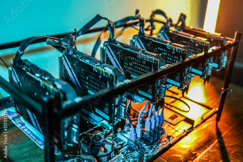 Close up view of computer graphics in cryptocurrency mining rig