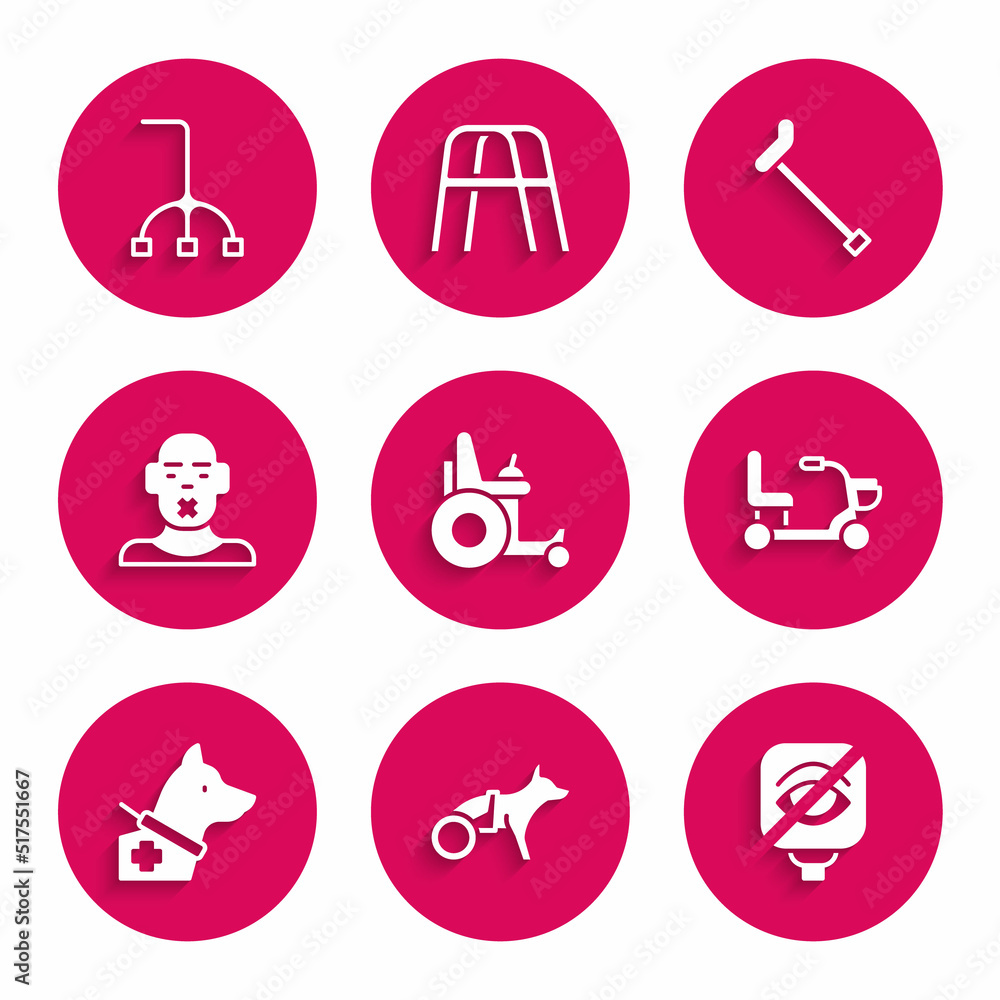 Set Electric wheelchair, Dog in, Blindness, Guide dog, Head of deaf and dumb, Walking stick cane and icon. Vector Set Electric wheelchair, Dog in, Blindness, Guide dog, Head of deaf and dumb, Walking stick cane and icon. Vector