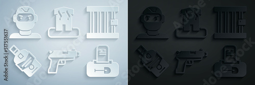 Set Pistol or gun, Prison window, Whiskey bottle, Grave with tombstone, Arson home and Thief mask icon. Vector