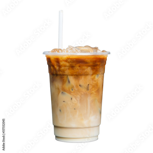 Iced latte coffee on plastic glass and tube sucking isolated white background, summer drink concept