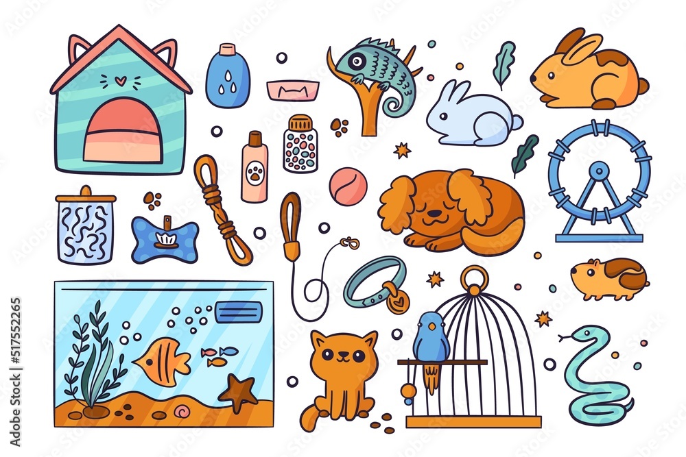 Fototapeta premium Pets care tools. Funny accessories. Vet pills. Domestic animals. Dog and cat. Rabbit in doodle style. Fish aquarium. Bird cage with parrot. Chameleon lizard and hamster. Garish vector set