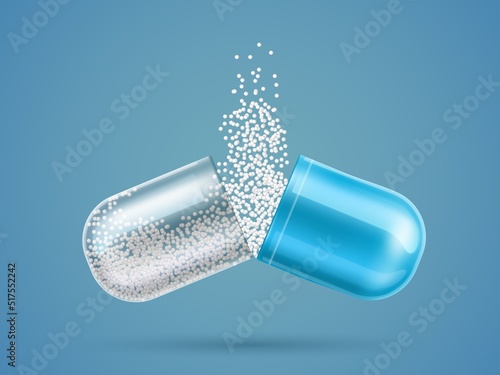 Open realistic medicine capsule. Medical pill. Half parts with cure granules. Treatment and health care. Prescription remedy. Painkiller or vitamin drug dose. Vector pharmaceutical concept