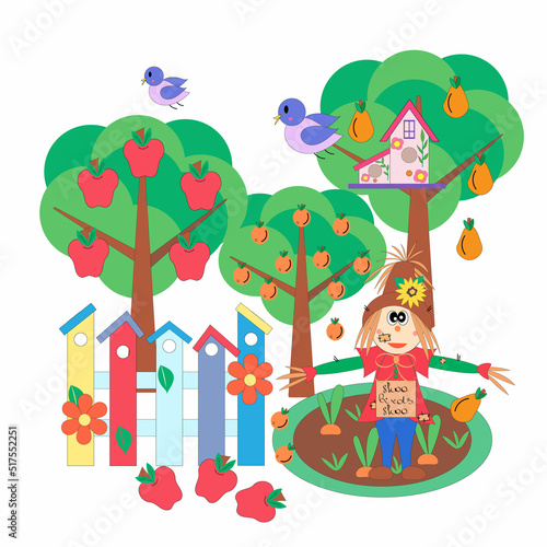 Fototapeta Naklejka Na Ścianę i Meble -  Set on the theme of the harvest. Cute scarecrow, fruit trees and carrots. Cartoon illustration.
