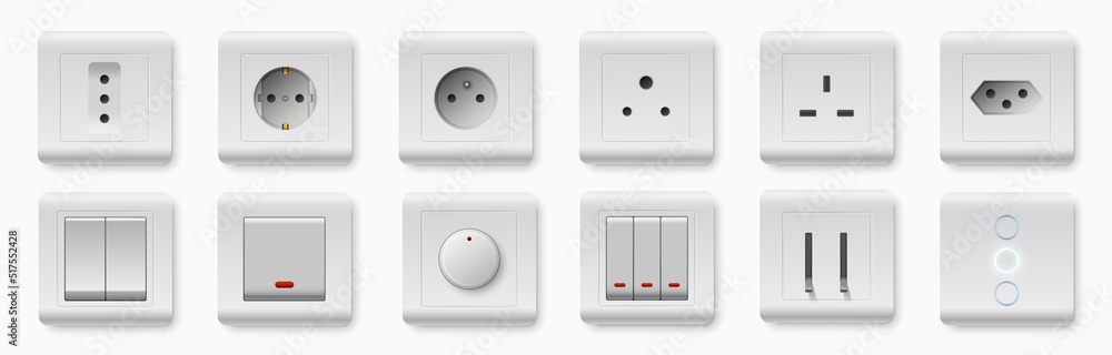 Realistic socket and switch. Interior wall outlets or electric connectors. Different square types. Plastic light toggle. Plug adapter shapes. Home buttons. Vector electrical devices set Realistic socket and switch. Interior wall outlets or electric connectors. Different square types. Plastic light toggle. Plug adapter shapes. Home buttons. Vector electrical devices set