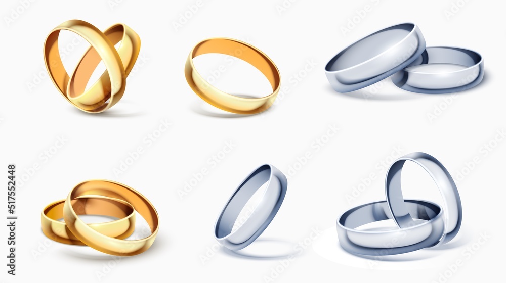 Realistic wedding rings. Romantic golden and silver elements. Precious  jewely. Married couple accessories. Jewel circles. Engagement gift.  Eternity symbol. Vector 3D metal objects set Stock-Vektorgrafik | Adobe  Stock