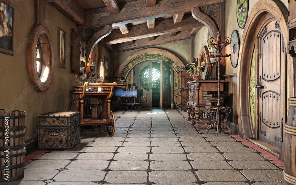 Fantasy tiny storybook style home interior cottage hallway background with rustic accents . 3d rendering
