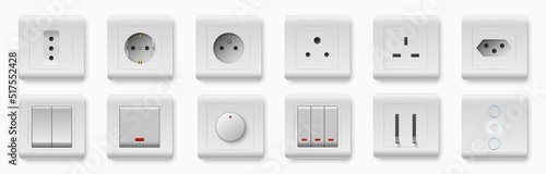 Realistic socket and switch. Interior wall outlets or electric connectors. Different square types. Plastic light toggle. Plug adapter shapes. Home buttons. Vector electrical devices set