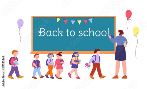 Back to school children and teacher. Woman writing on blackboard, education concept. Little happy students go study vector scene