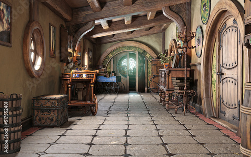 Fantasy tiny storybook style home interior cottage hallway background with rustic accents . 3d rendering 