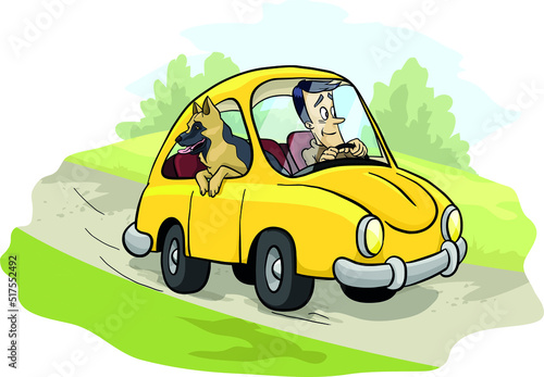 German, Belgian, shepherd in the car. A trip on a family vacation, vector, illustration, 