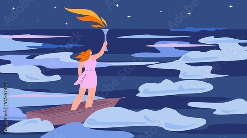Enlightenment. Girl with burning torch flying alone in wooden boat from night. Education, female power, personal inner freedom vector metaphor
