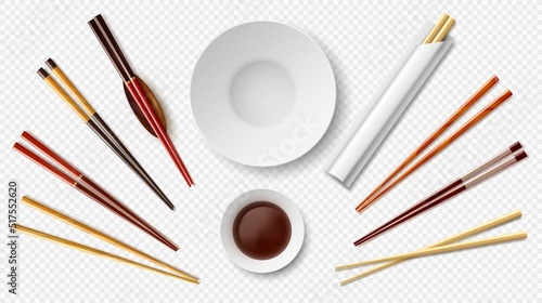 Sushi chopsticks and soy sauce. Realistic Japanese restaurant tableware. Wooden sticks. White porcelain bowl. Utensil top view. Chinese food serving. Empty saucer. Vector dishware set
