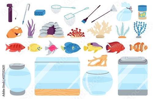 Aquarium fish and tools. House fish, tank glass and care pet accessories. Cartoon exotic underwater animals, fishbowl and tropical marine decent vector set