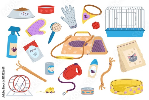 Care and grooming. Pet store, dog groomers service tools. Animal cage and bed, food and treats. Isolated cat dogs hamster decent vector accessories