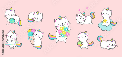Cartoon kitty unicorn. Cats unicorns, animated cartoon funny characters. Cute love kawaii caticorns, fairy happy creatures nowaday vector set