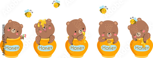 Bear in honey jar. Kids cute teddy bears friend, sweet cartoon forest animal and bee. Nice funny jars with children toy eating, sleep, joyful nowaday vector characters