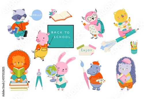 Cute animal back to school to study. Smart animals writing, reading book and drawing. Cartoon pig at blackboard, funny students nowaday vector characters