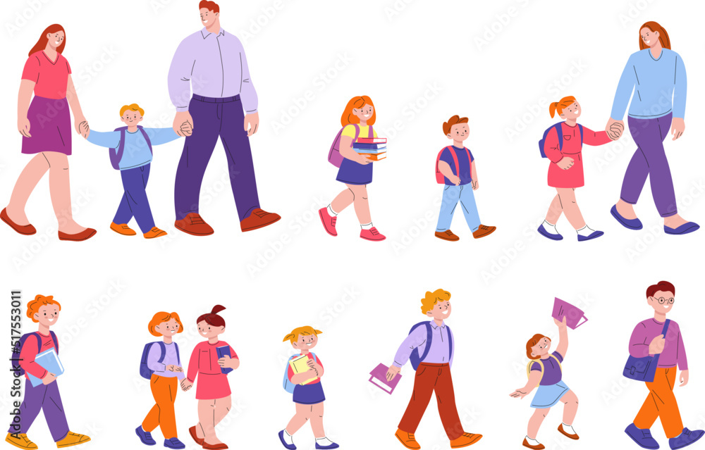 Students go to school. Kid with backpack walking with parents to study, children and family with books. Learning and education kicky vector characters