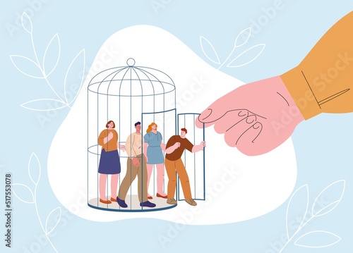People freedom concept. Crowd exit from cage, giant hand opened door for women and men. Release and open new perspective, expand internal borders kicky vector scene