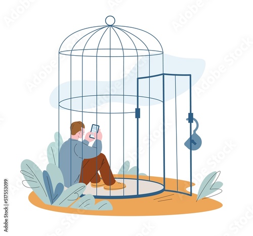 Mental inner prisoner. Oppressed person limit life, seclusion in cage and personal border. Mental health, smartphone and digital addiction kicky vector concept