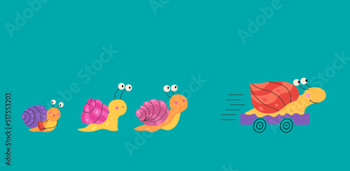 Fast business snail. Unique advantage, speed creativity cartoon animals. Turbo accelerate or competition metaphor. Efficiency management nowaday vector concept