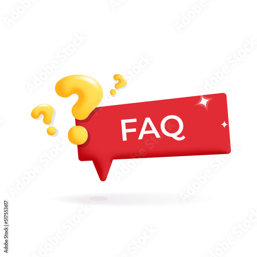 Red FAQ label with yellow question signs 3d vector design illustration. Ask for help, online support, client service,  contact us, business symbol concept art.