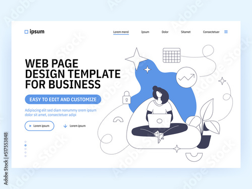 Remote work and education 2D vector concept illustration. Woman working online with laptop flat character on cartoon background. Comfortable home office colourful scene for mobile website presentation