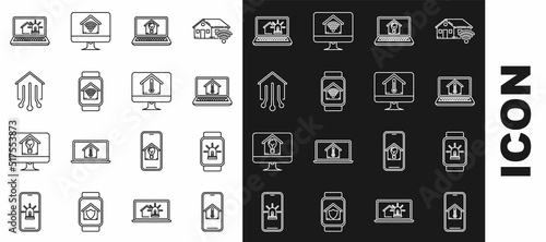 Set line Mobile phone with house temperature, Smart watch smart and alarm, Laptop, light bulb, home wi-fi, and Computer monitor icon. Vector