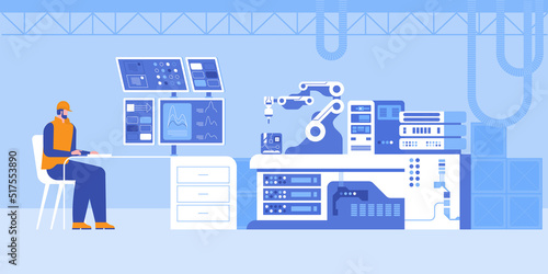 Robotized production line at contemporary plant. Flat color vector illustration. Worker at computer controlling manufacturing process 2D simple cartoon character. Workshop and equipment on background