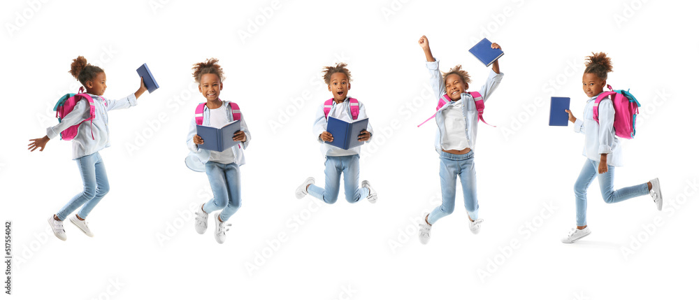 Set of jumping little African-American schoolgirl on white background