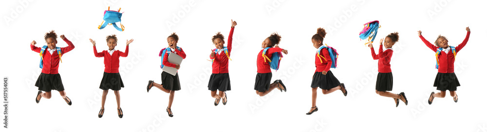 Set of jumping little African-American schoolgirl on white background Set of jumping little African-American schoolgirl on white background