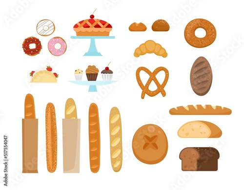 Set with baked food: whole grain bread, french baguette, ciabatta, croissant, bagel, pretzel, cake, donut, pastry for bakery menu design. Flat vector illustration isolated on white background.