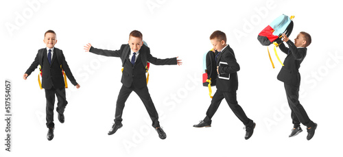Set of jumping little schoolboy on white background