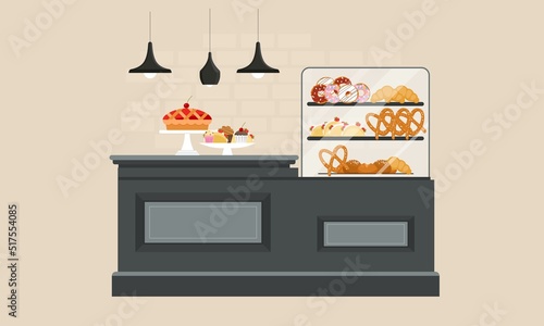 Counter in a bakery or pastry store. Confectionery interior. Variety of pastry, cupcake, cherry pie, strawberry pastry, pretzel, donut. Flat vector illustration isolated on white background