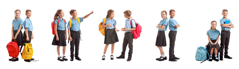 Set of little students on white background