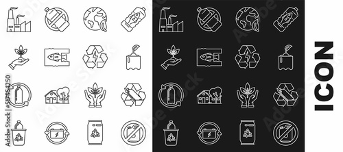 Set line No canister for gasoline, Sprout, Earth globe and leaf, Stop ocean pollution, Plant hand of environmental protection, Factory and Battery with recycle symbol icon. Vector