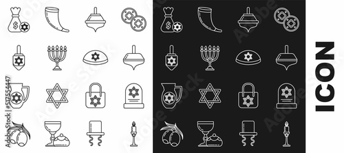 Set line Burning candle in candlestick, Tombstone with star of david, Hanukkah dreidel, menorah, Jewish money bag coin and kippah icon. Vector