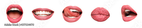 Set of pink female lips on white background