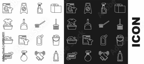 Set line Plastic bottles for liquid dishwashing liquid, Bucket with foam and bubbles, Handle broom, Cleaning spray detergent, Dustpan, basin soap suds, Washer t-shirt and Toilet brush icon. Vector