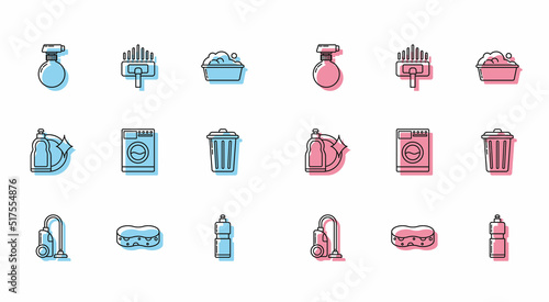 Set line Vacuum cleaner, Sponge, Plastic bottles for liquid dishwashing liquid, Washer, Trash can, and icon. Vector