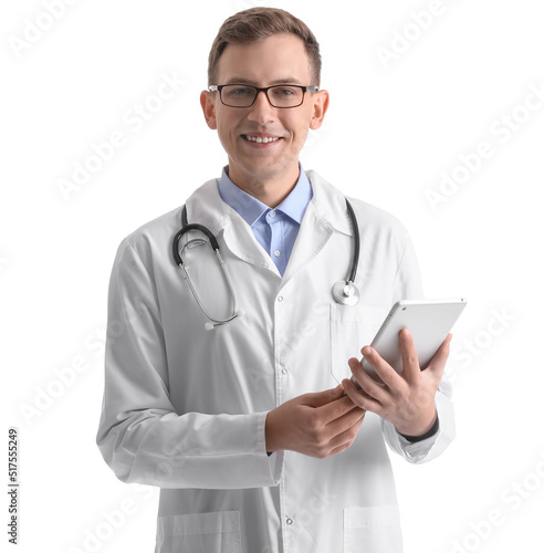 Male medical assistant with tablet computer smiling on white background