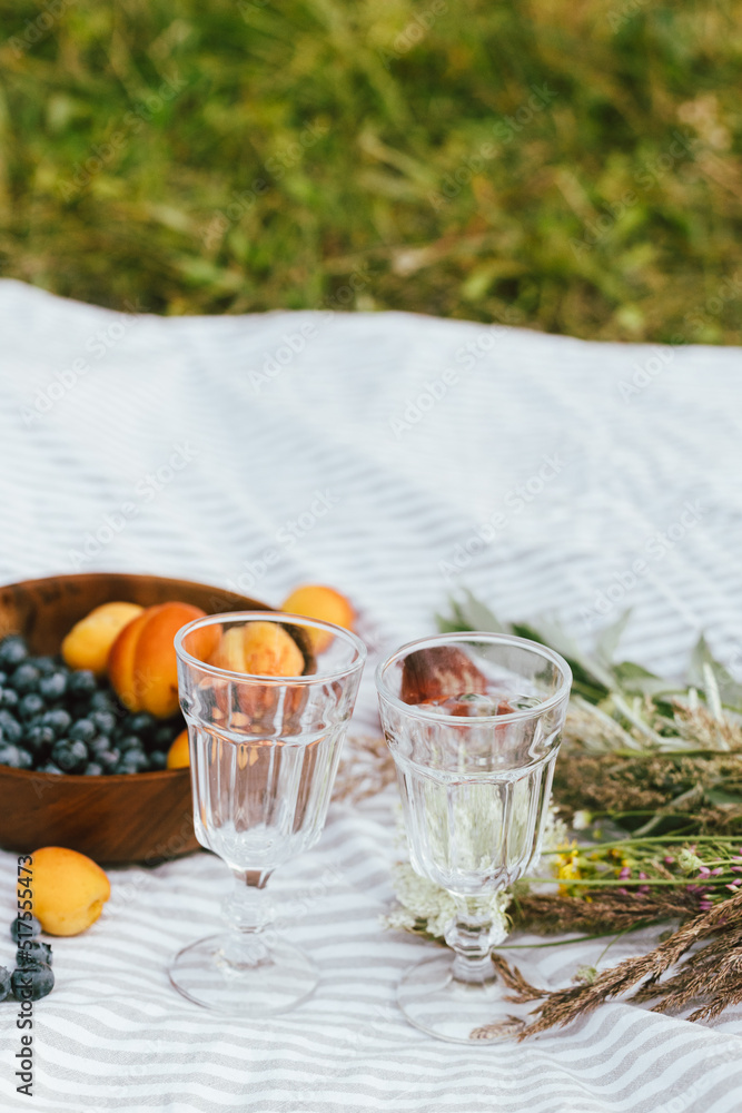 Summer picnic aesthetics. Tasty fruits and berries in bowl, wineglasses and bouquet of wildflowers on blanket. Blueberries, peaches and apricots. Vacation and family time concept