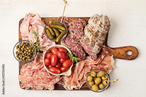 Картината върху платно Appetizers table with different antipasti, charcuterie, snacks, cheese