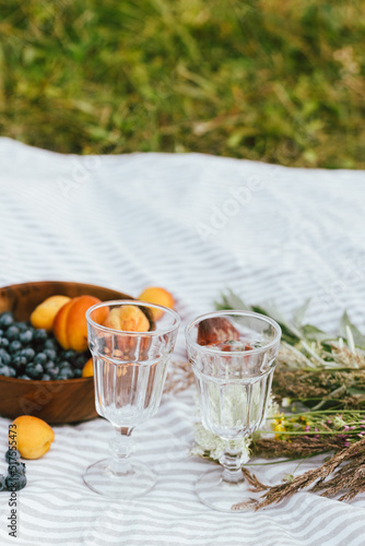 Summer picnic aesthetics. Tasty fruits and berries in bowl  wineglasses and bouquet of wildflowers on blanket. Blueberries  peaches and apricots. Vacation and family time concept