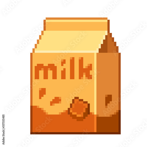 An 8-bit pixel-art retro-styled cartoon illustration of an orange caramel milk carton.